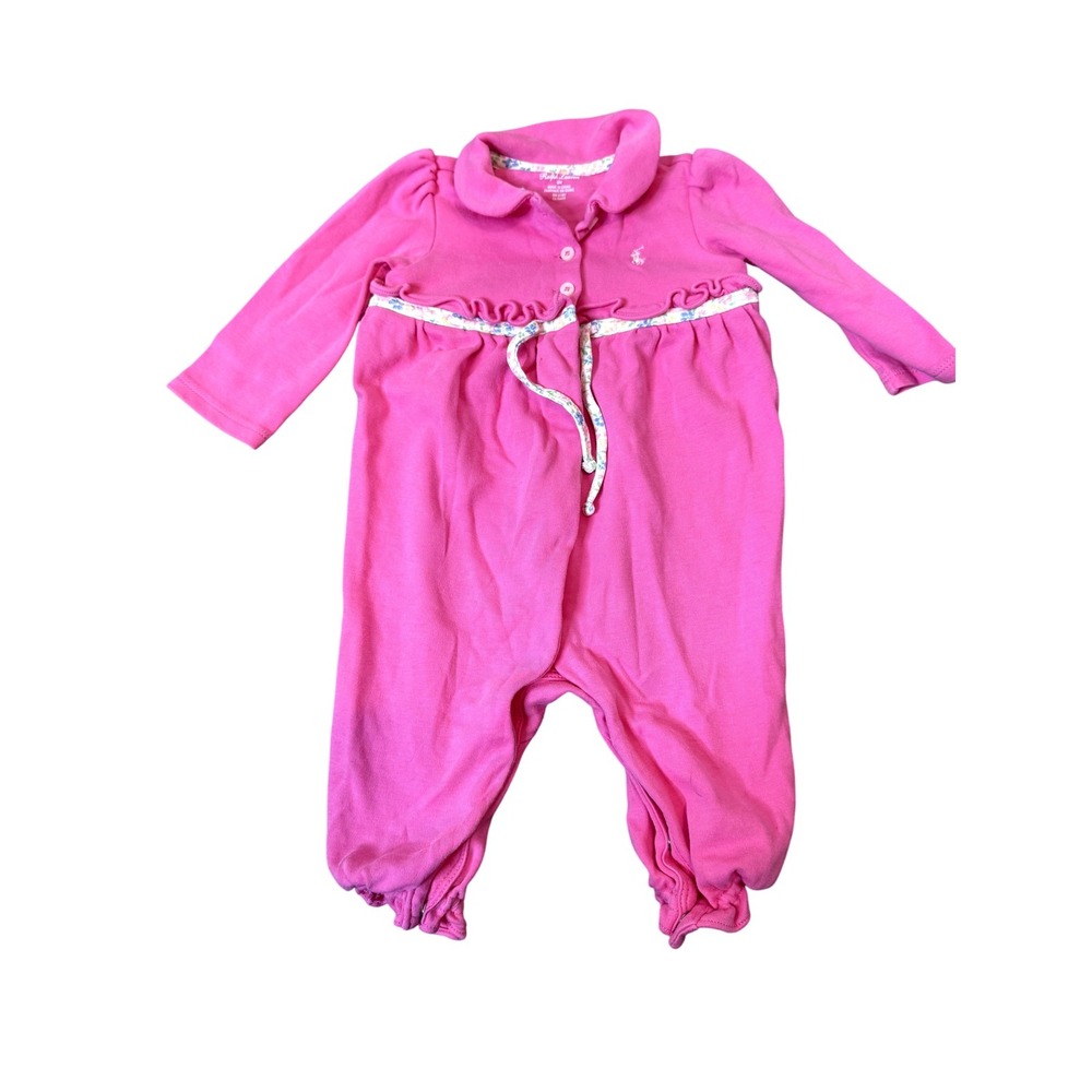 Ralph Lauren Romper Baby Girls 6M Pink Long Sleeve Peter Pan Collar Polo Pony